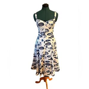 Avec Les Filles Sea Stars Fish A Line Cotton Blend White Blue Midi Dress Size 14